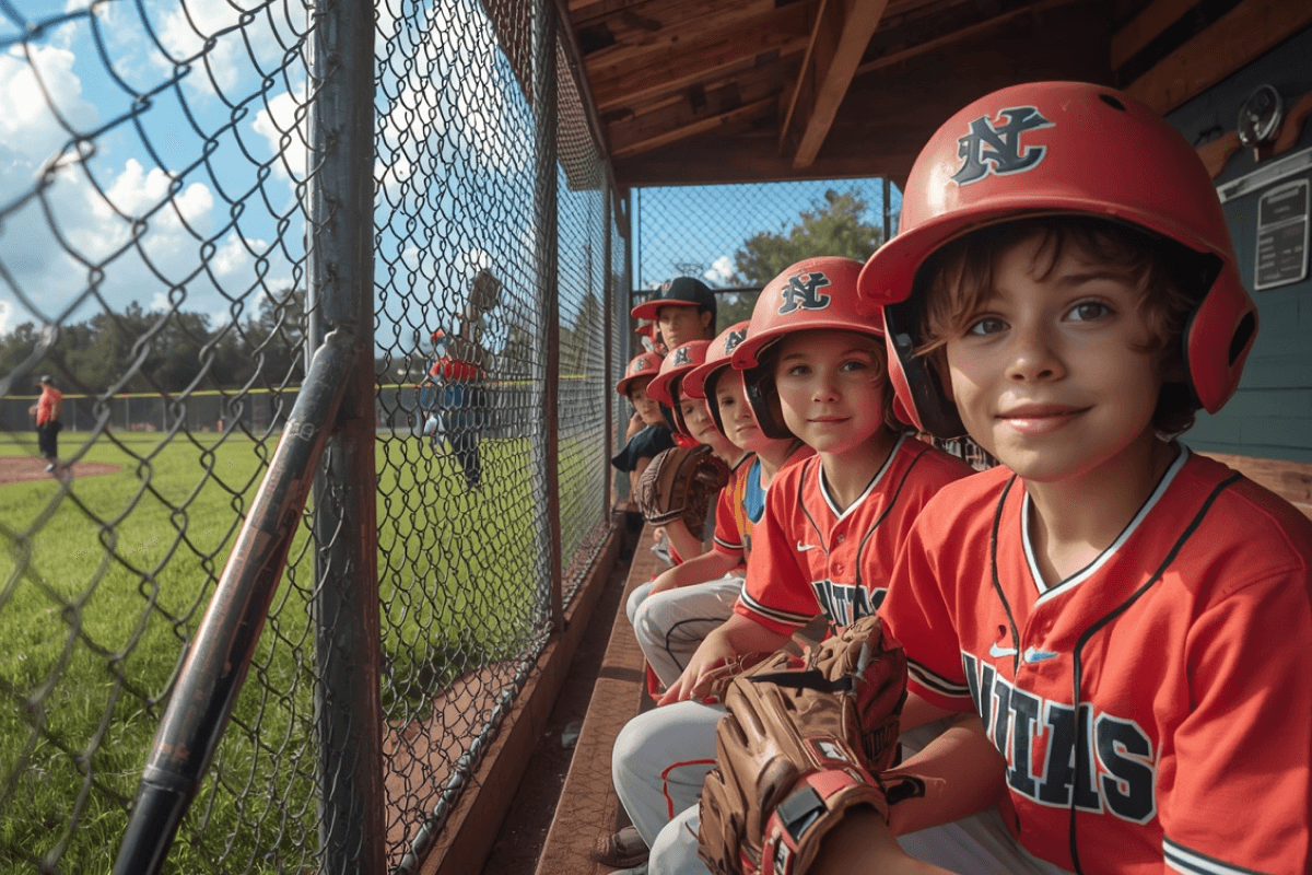 Travel ball players together in the dugout