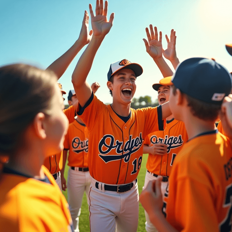 A youth baseball team celebrating together